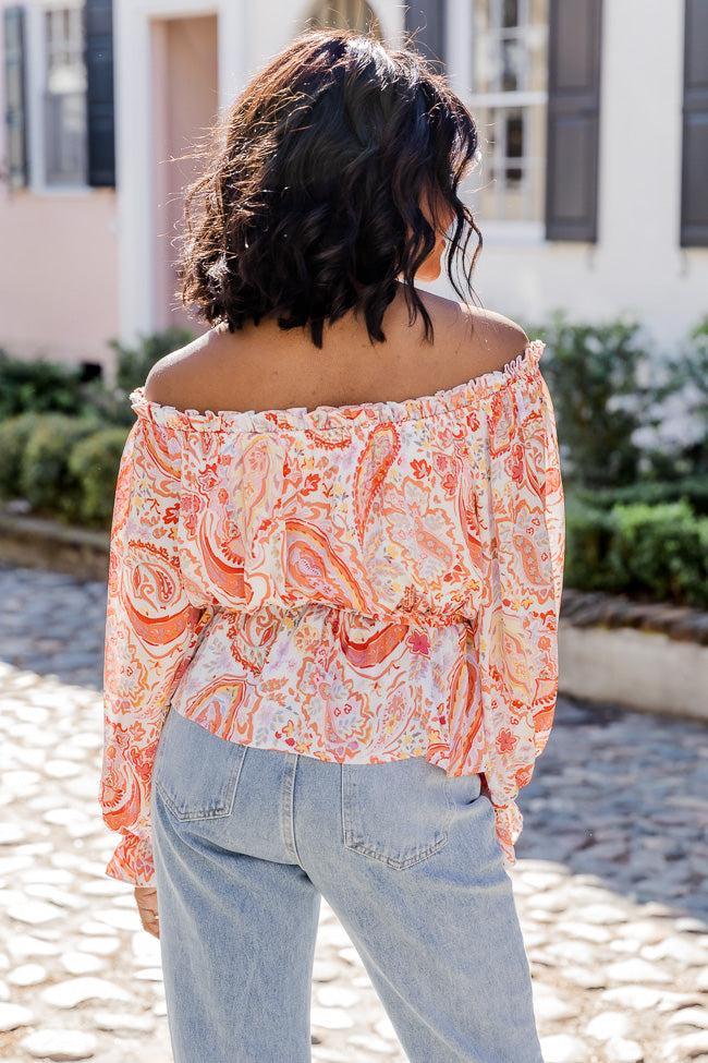 Off The Path Orange Paisley Off The Shoulder Belted Blouse FINAL SALE Product Image