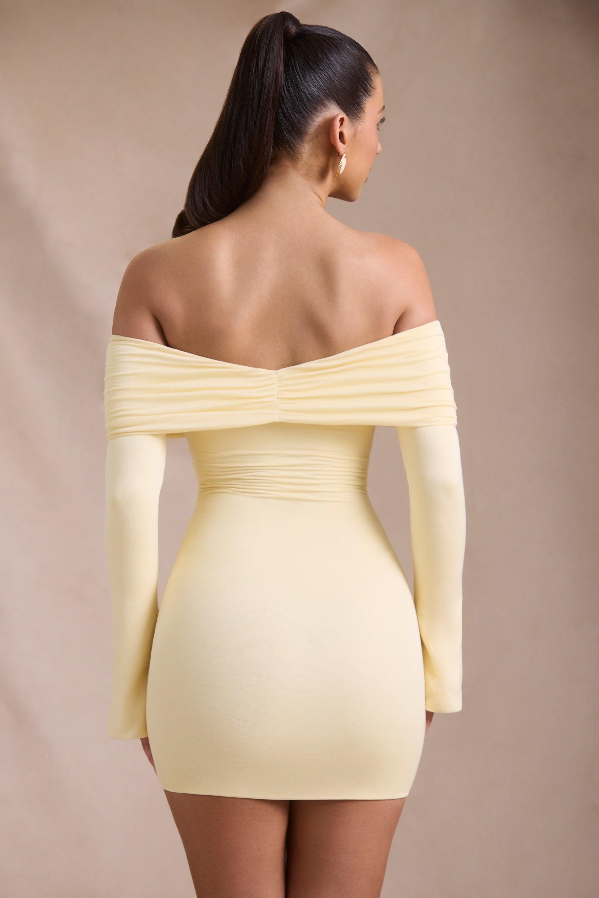 Modal-Cashmere Blend Off-Shoulder Ruched Mini Dress in Butter Yellow Product Image