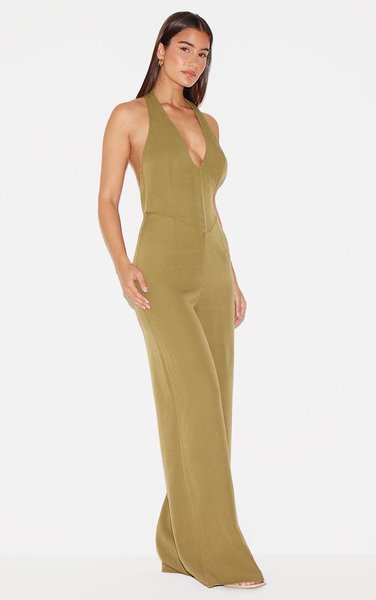 Khaki Woven Halter Neck Hook And Eye Detail Wide Leg Jumpsuit Product Image