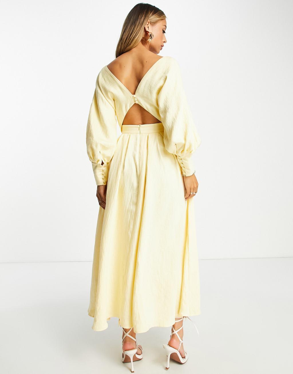 ASOS EDITION wrap bodice midi dress with full skirt in lemon Product Image