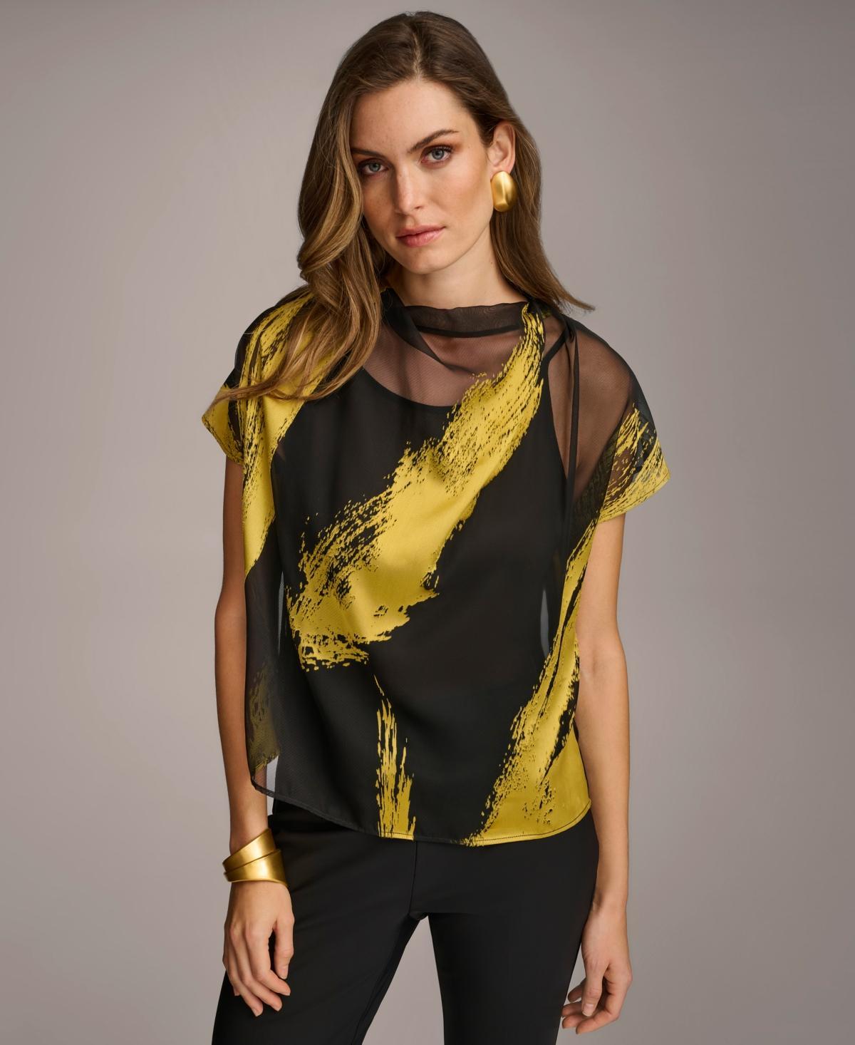 Donna Karan Womens Short Sleeve Metallic Print Blouse - Black Product Image