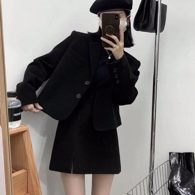 Single Breasted Woolen Coat / High Rise A-Line Mini Skirt Product Image