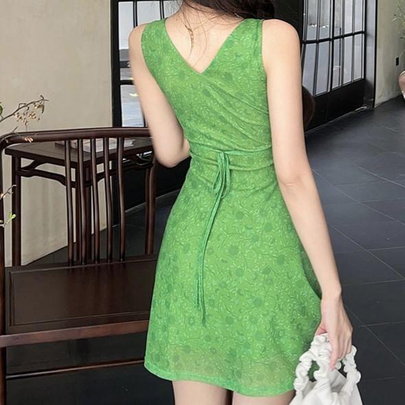 Sleeveless V-Neck Floral Mini A-Line Dress Product Image