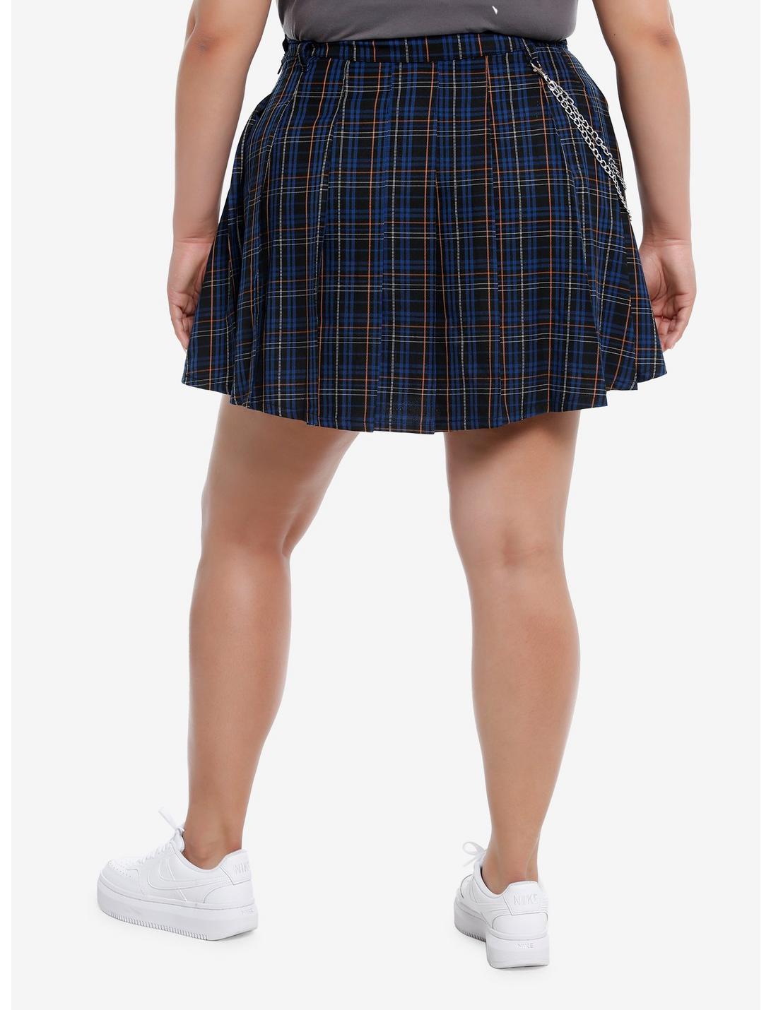 Social Collision® Blue & Orange Plaid Pleated Skirt With Chain Plus Size Product Image