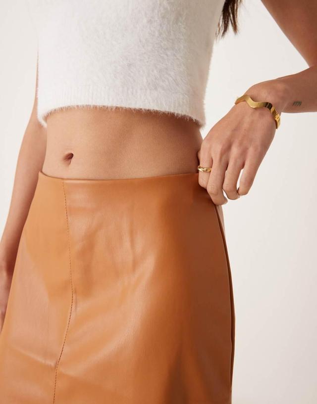 ASOS DESIGN faux leather split front midi skirt in tan Product Image