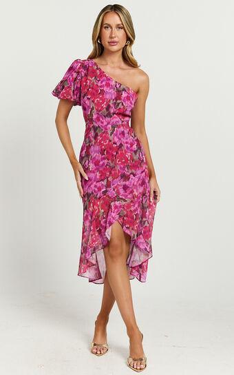 Clabelle Midi Dress - One Shoulder Ruffle Tulip Hem Dress in Violette Blur Floral Product Image