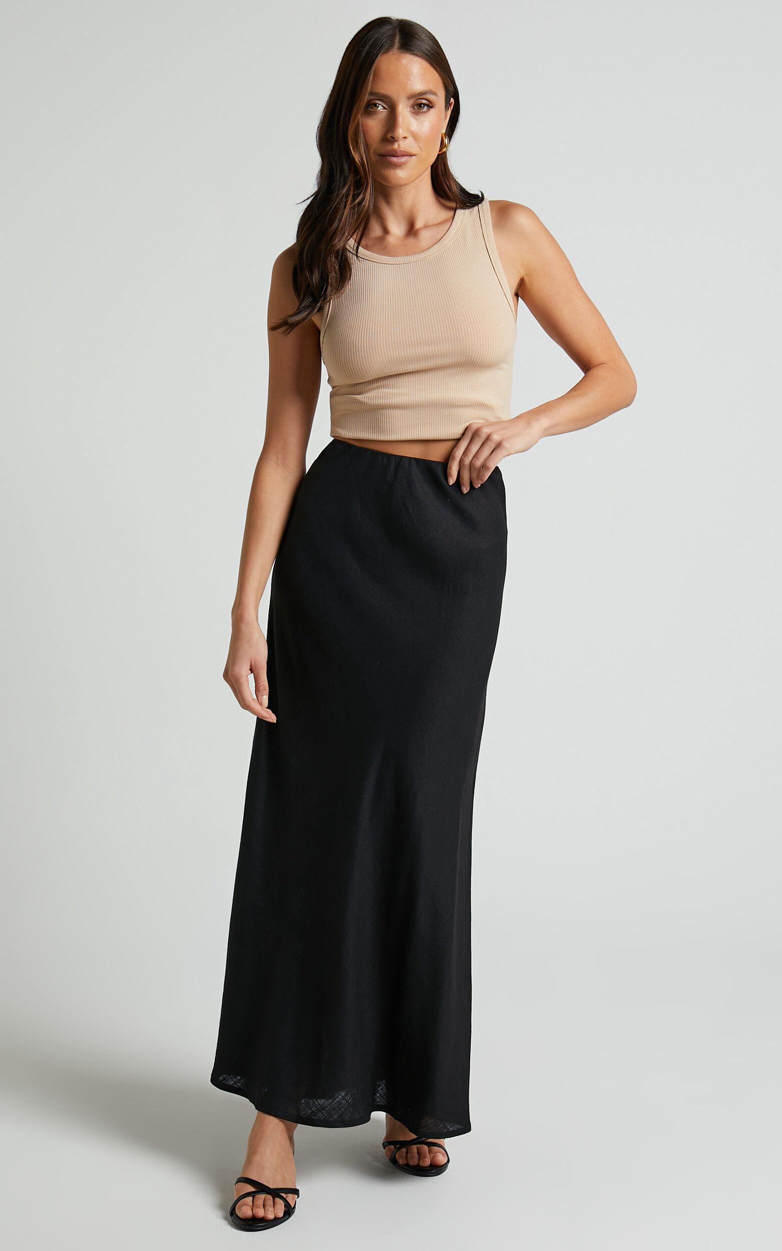 Collins Midi Skirt - Linen Look High Waisted Linen Look Bias Slip Skirt in Black Product Image