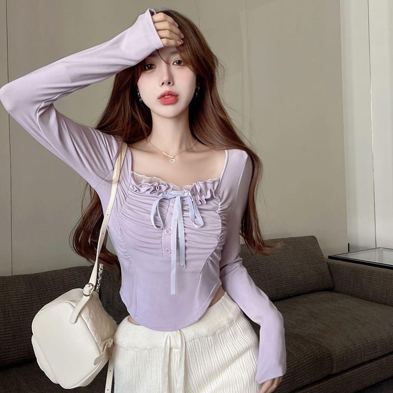 Long Sleeve Square Neck Plain Bow Ruffle Button Top Product Image