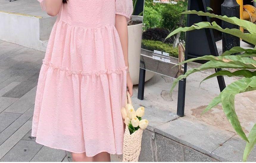 Short-Sleeve Round Neck Plain Frill Panel Mini A-Line Dress Product Image