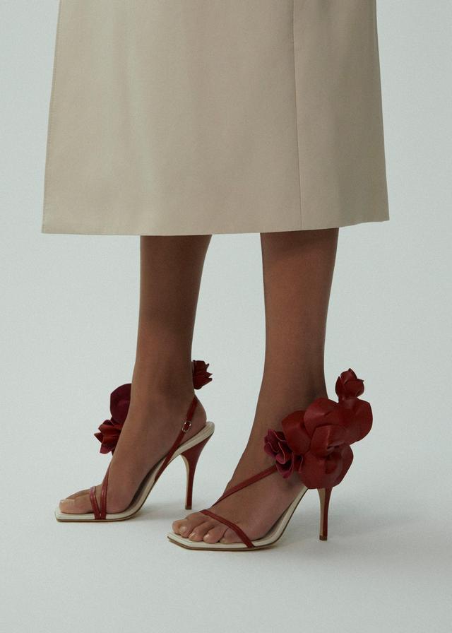 Rose appliqué leather sandals in cream and red Product Image