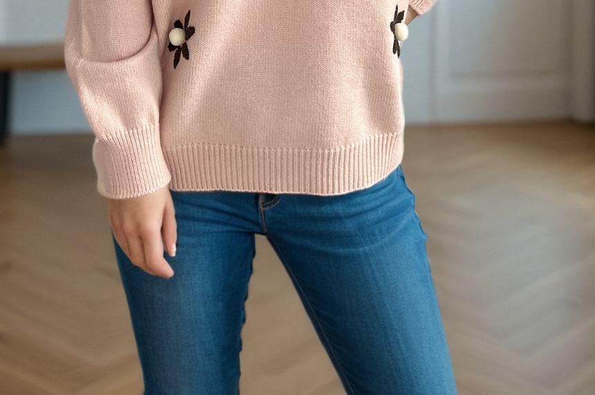 Crew Neck Floral Embroidered Pom Pom Sweater Product Image