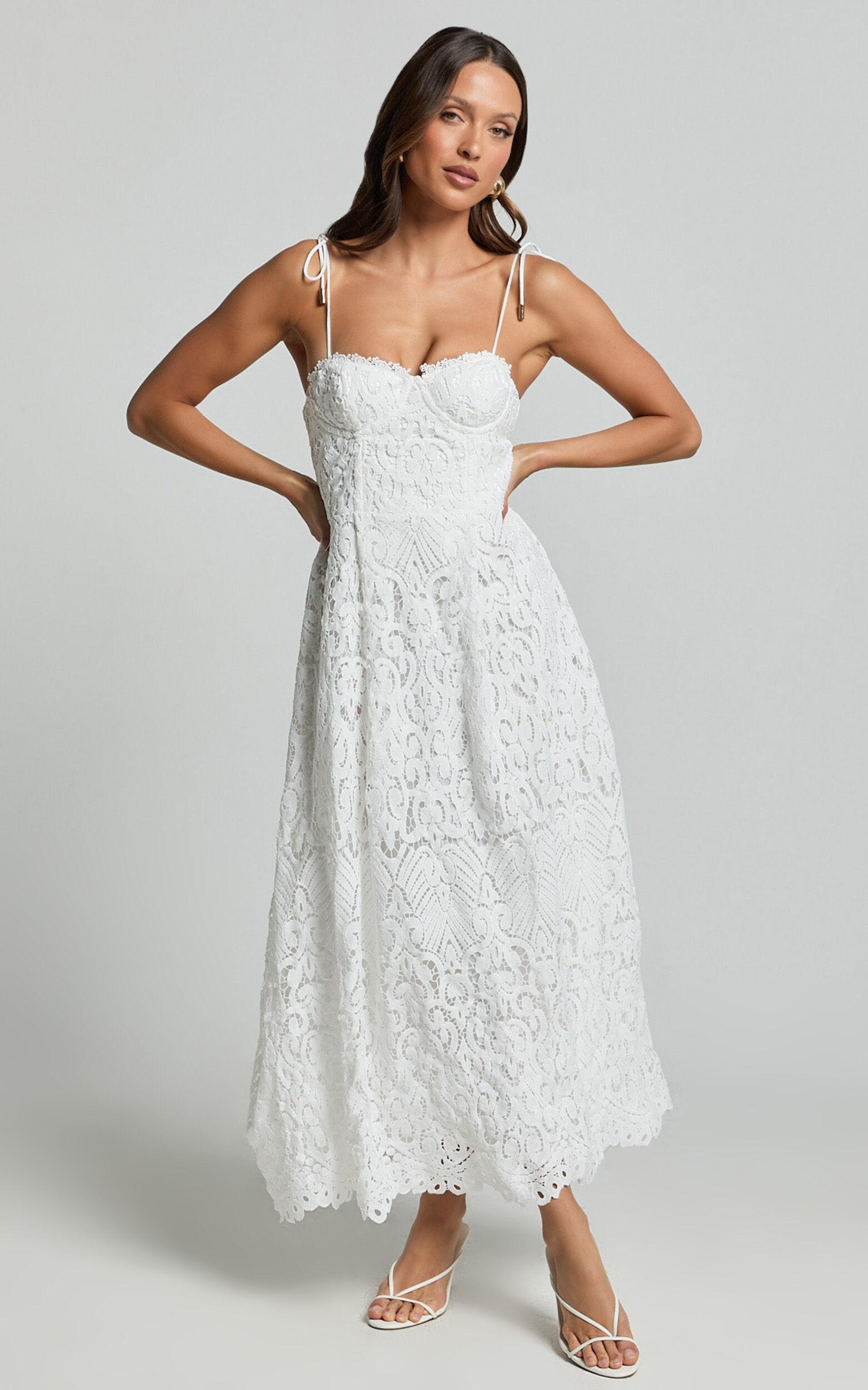 Leanne Midi Dress - Tie Shoulder Corset Lace Dress in White Product Image