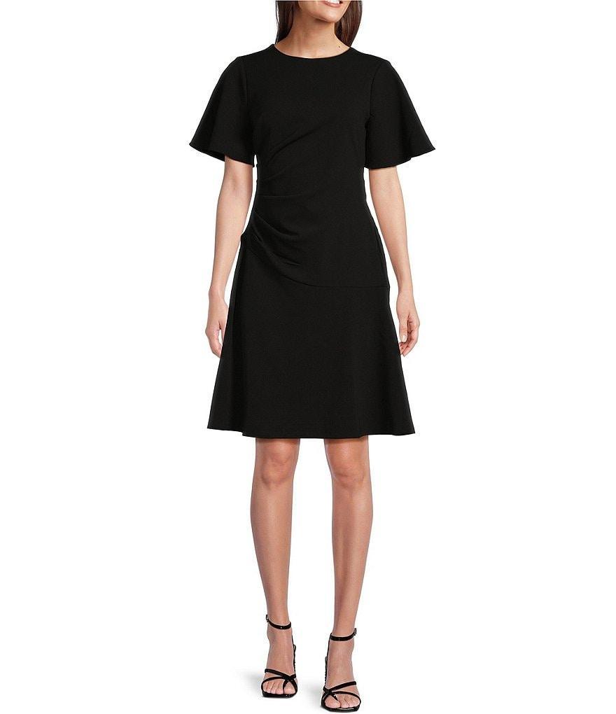 Maggy London Scuba Crepe Crew Neck Short Flutter Sleeve Ruched Dress Product Image