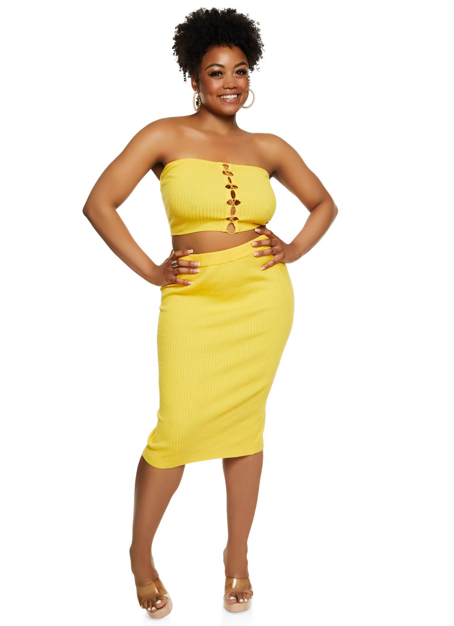 Womens Plus Size Almost Famous Lace Up Front Tube Top and Pencil Skirt Product Image