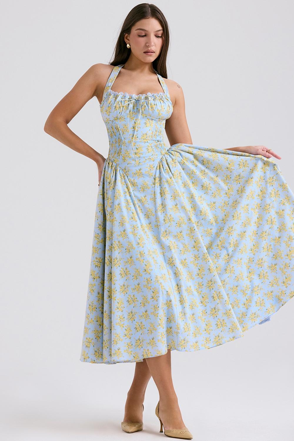 Adabella Soft Blue Vintage Floral Print Cotton Halter Sundress Product Image