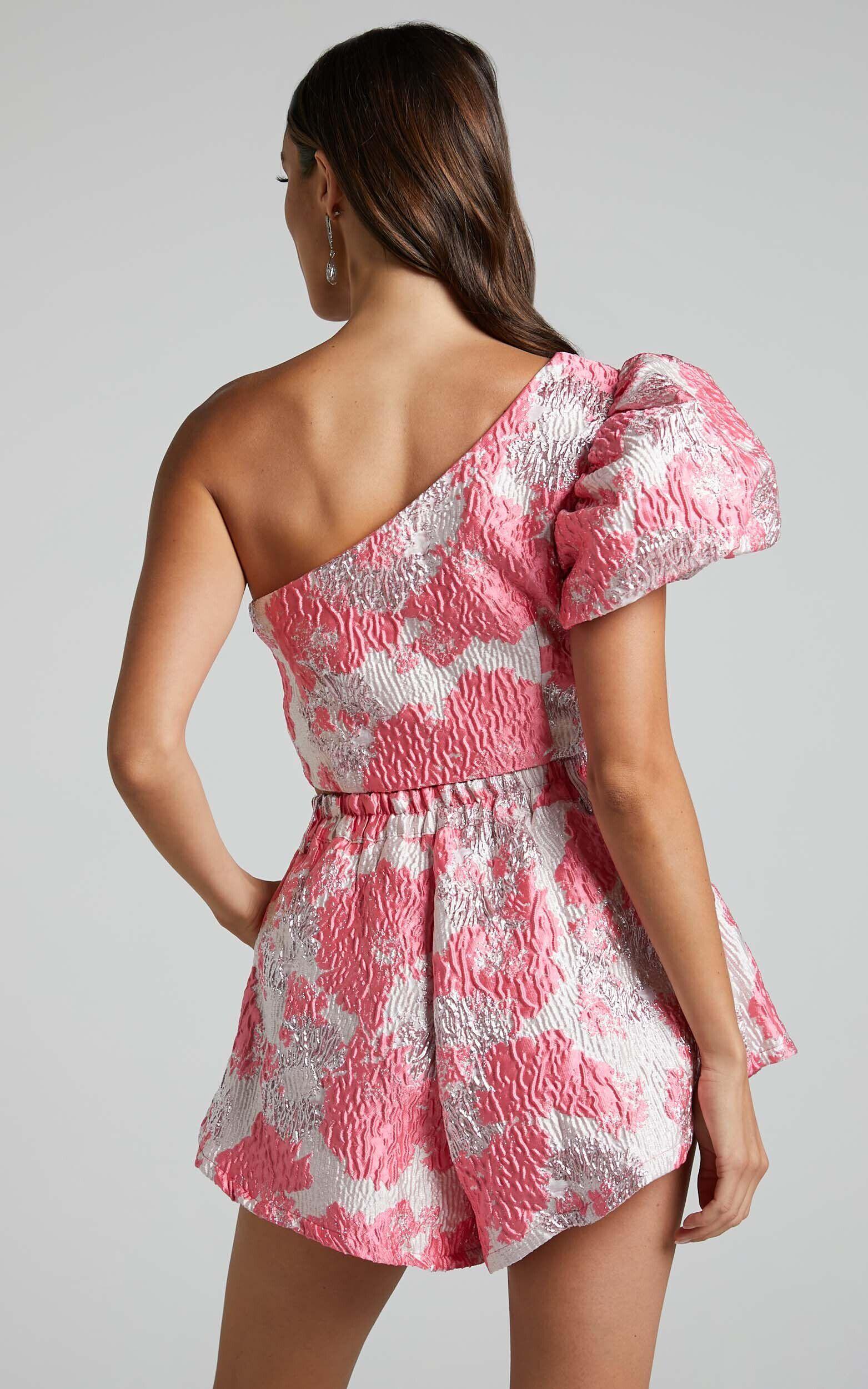 Brailey Two Piece Set - One Shoulder Puff Sleeve Top and Shorts Set in Light Pink Jacquard Product Image