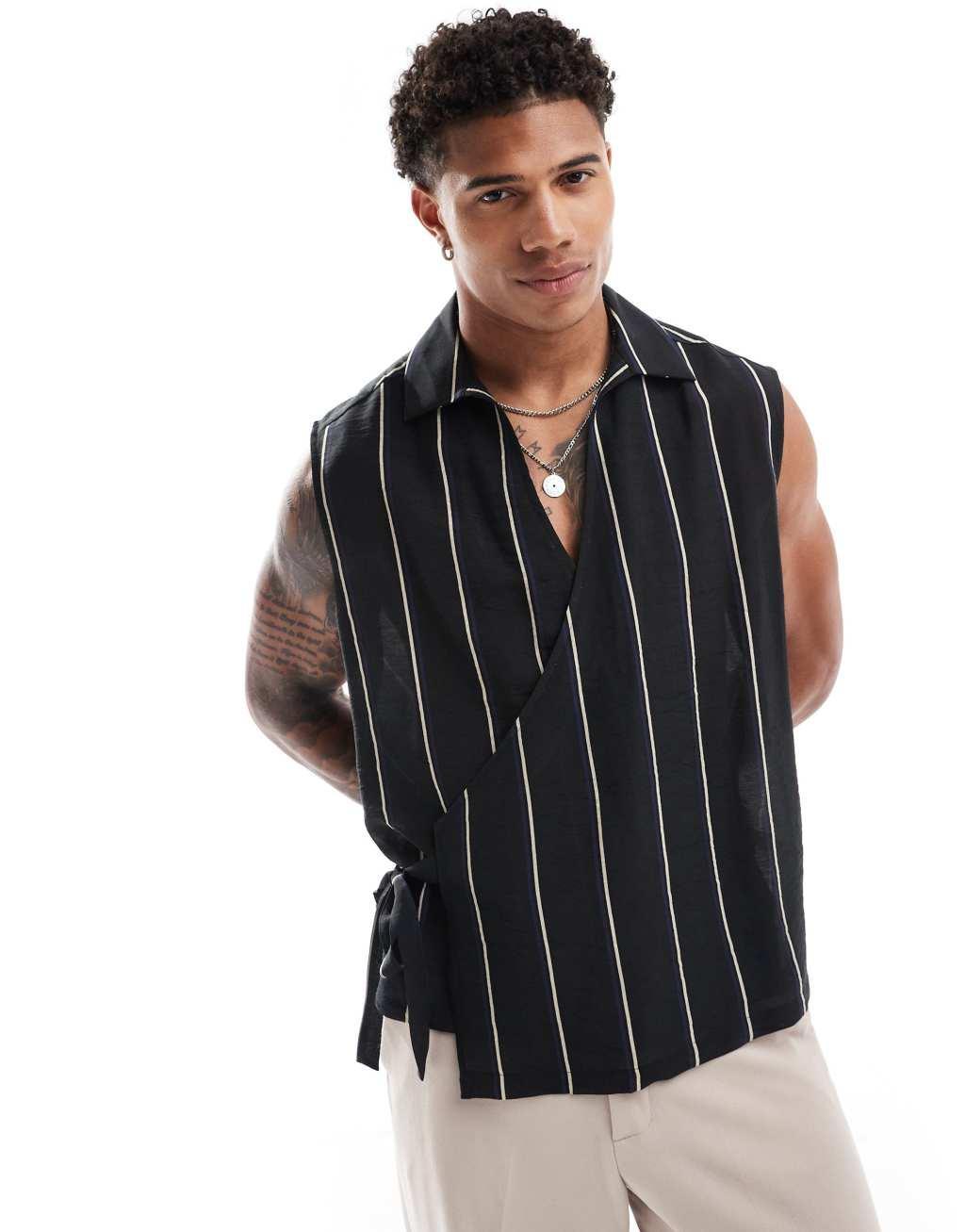 ASOS DESIGN boxy relaxed sleeveless striped wrap tie shirt in black Product Image