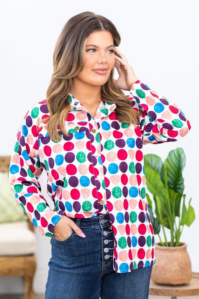 White Multicolor Polka Dot Roll Sleeve Top Product Image