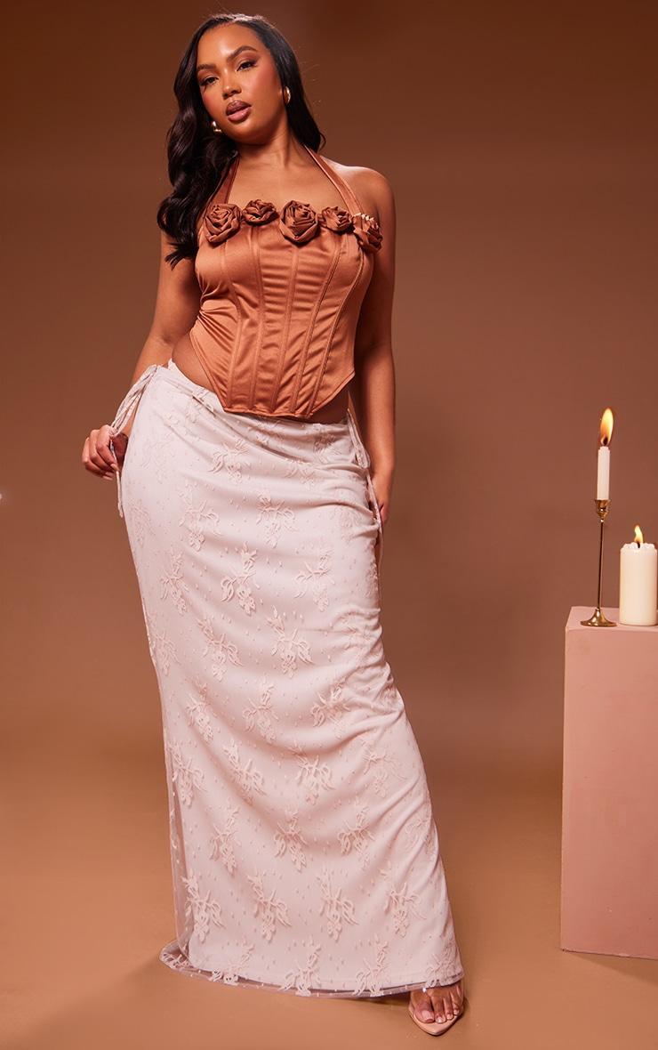 Plus Cream Floral Lined Mesh Tie Side Low Rise Maxi Skirt Product Image