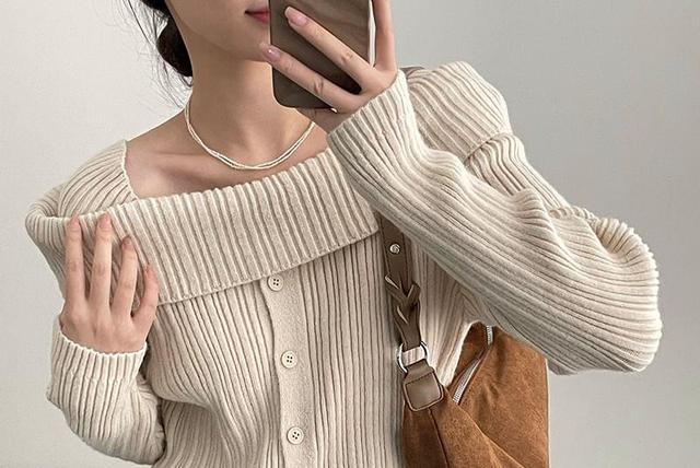 Off-Shoulder Plain Ribbed Sweater Product Image