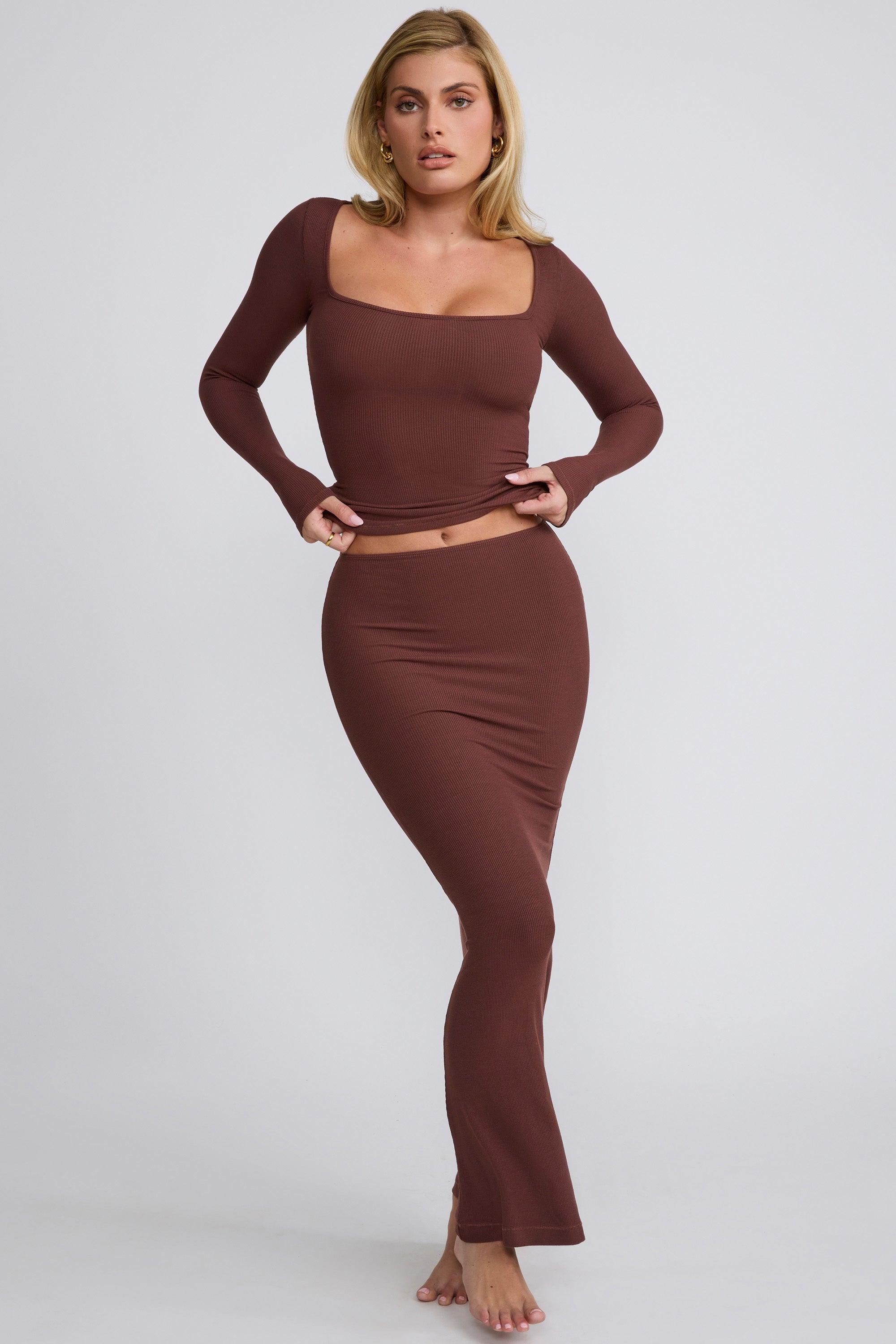 Ribbed Modal Mid Rise Maxi Skirt in Chocolate Product Image