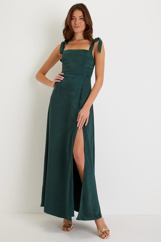 Made to Be Adored Hunter Green Satin Tie-Strap Maxi Dress Product Image