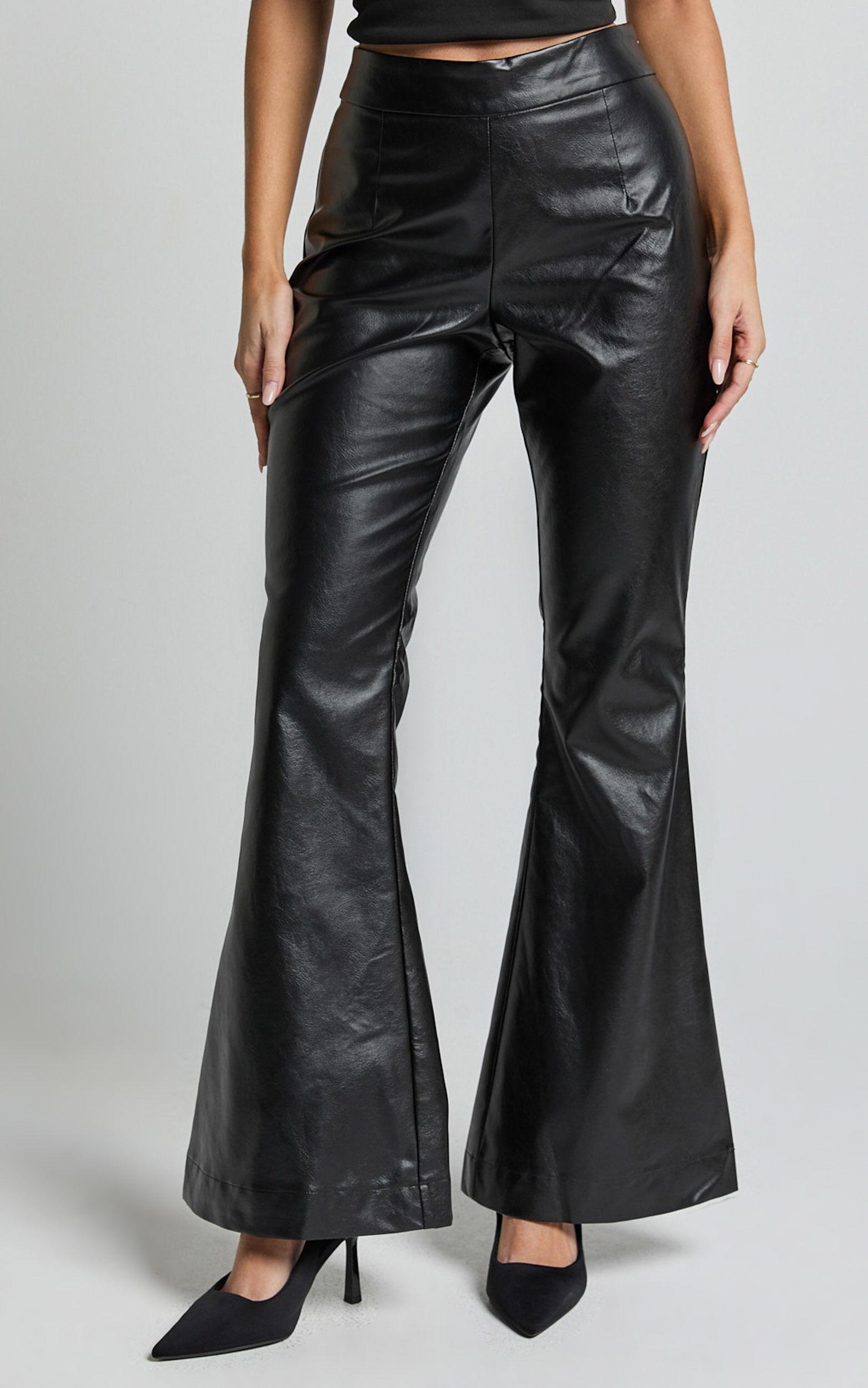 Ravina Pants - High Waist Faux Leather Flare Pants in Black Product Image