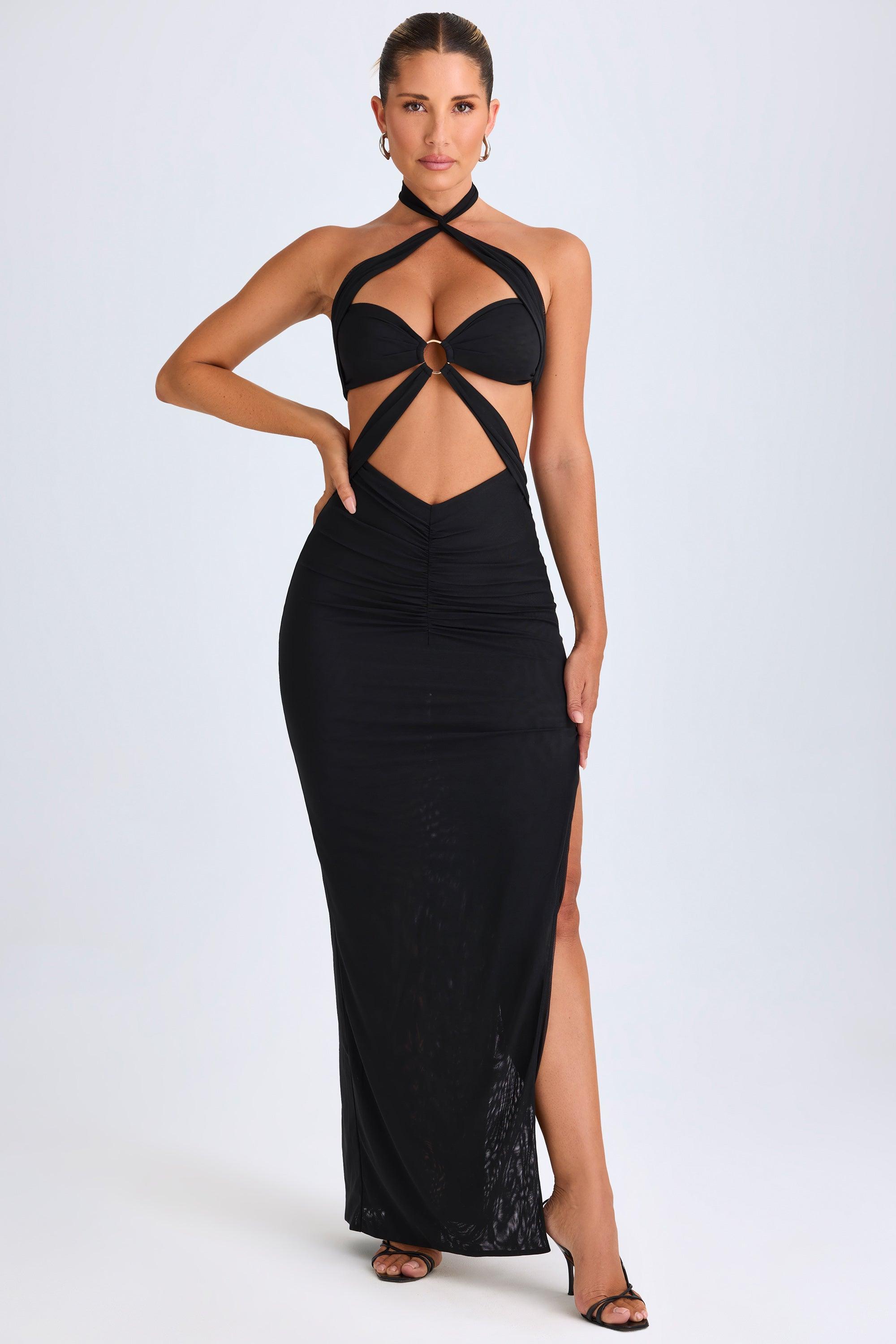 Hardware Detail Cut-Out Halterneck Maxi Dress in Black product image