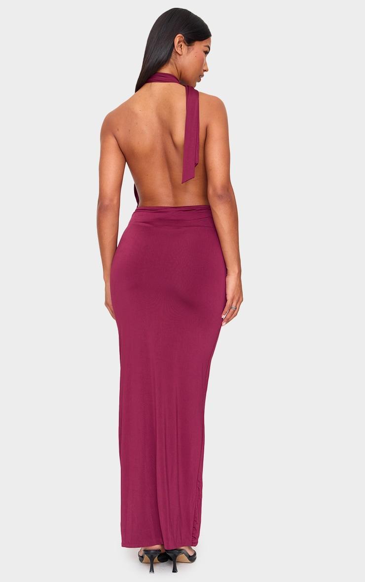 Burgundy Double Layer Slinky Wrap Neck Maxi Dress Product Image