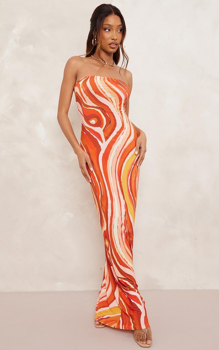 Orange Swirl Print Slinky Bandeau Maxi Dress Product Image