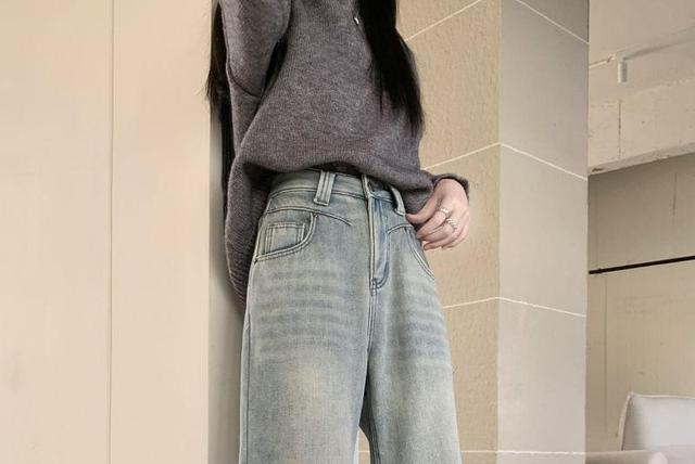 High Waist Fleece-Lined Washed Wide Leg Jeans Product Image