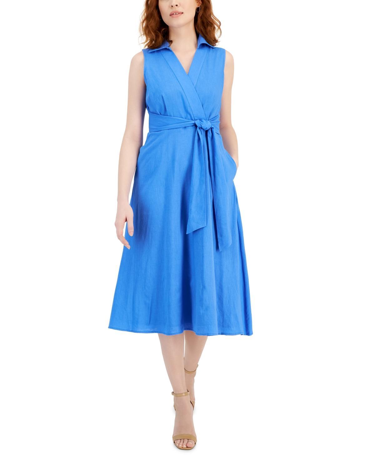 Tahari Asl Womens Faux-Wrap Linen Midi Dress product image