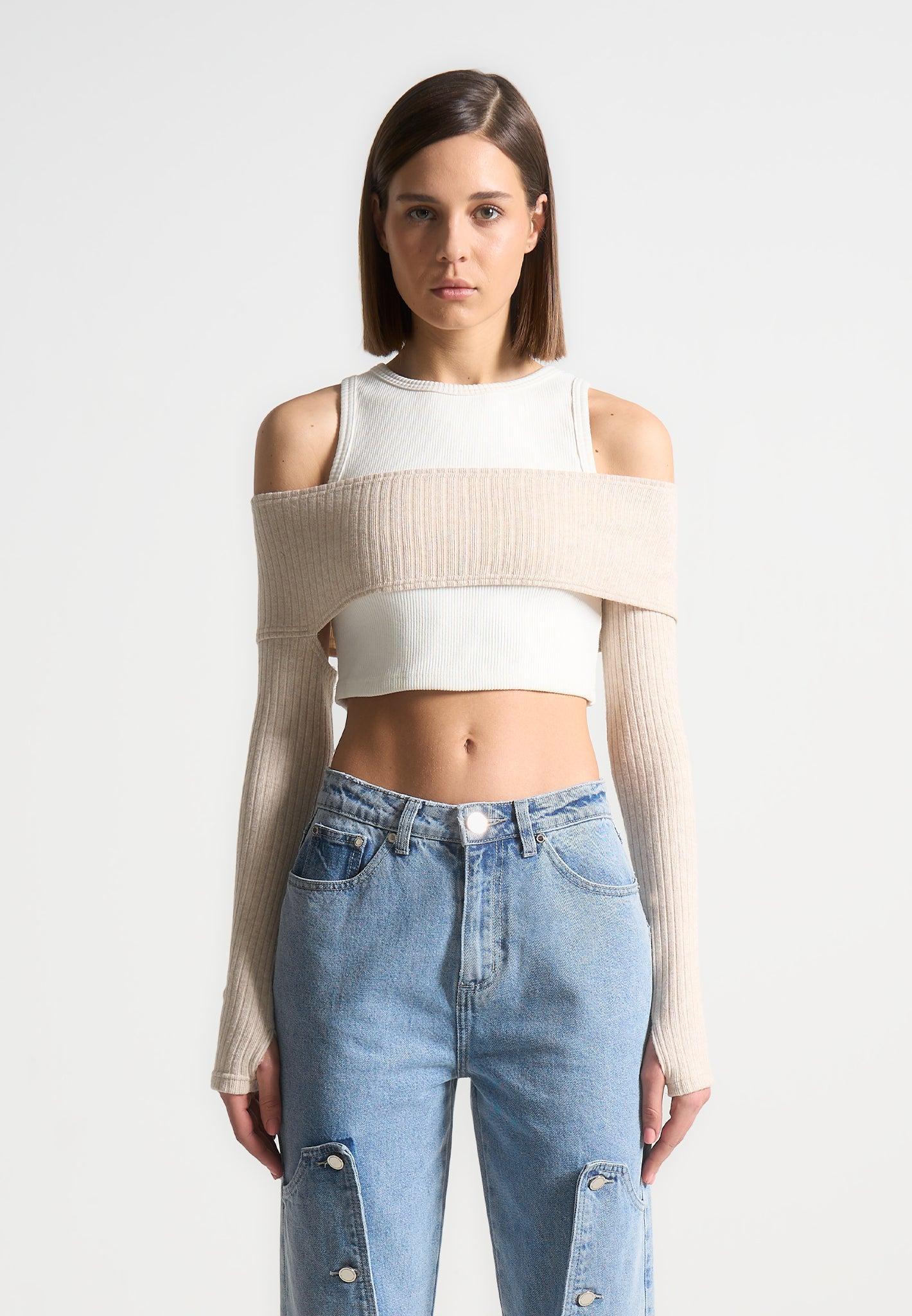 Crop Top with Knitted Overlay - White/Beige Female Product Image