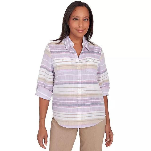 Petite Alfred Dunner Horizontal Stripe Collared Button Down Top, Womens Purple Product Image