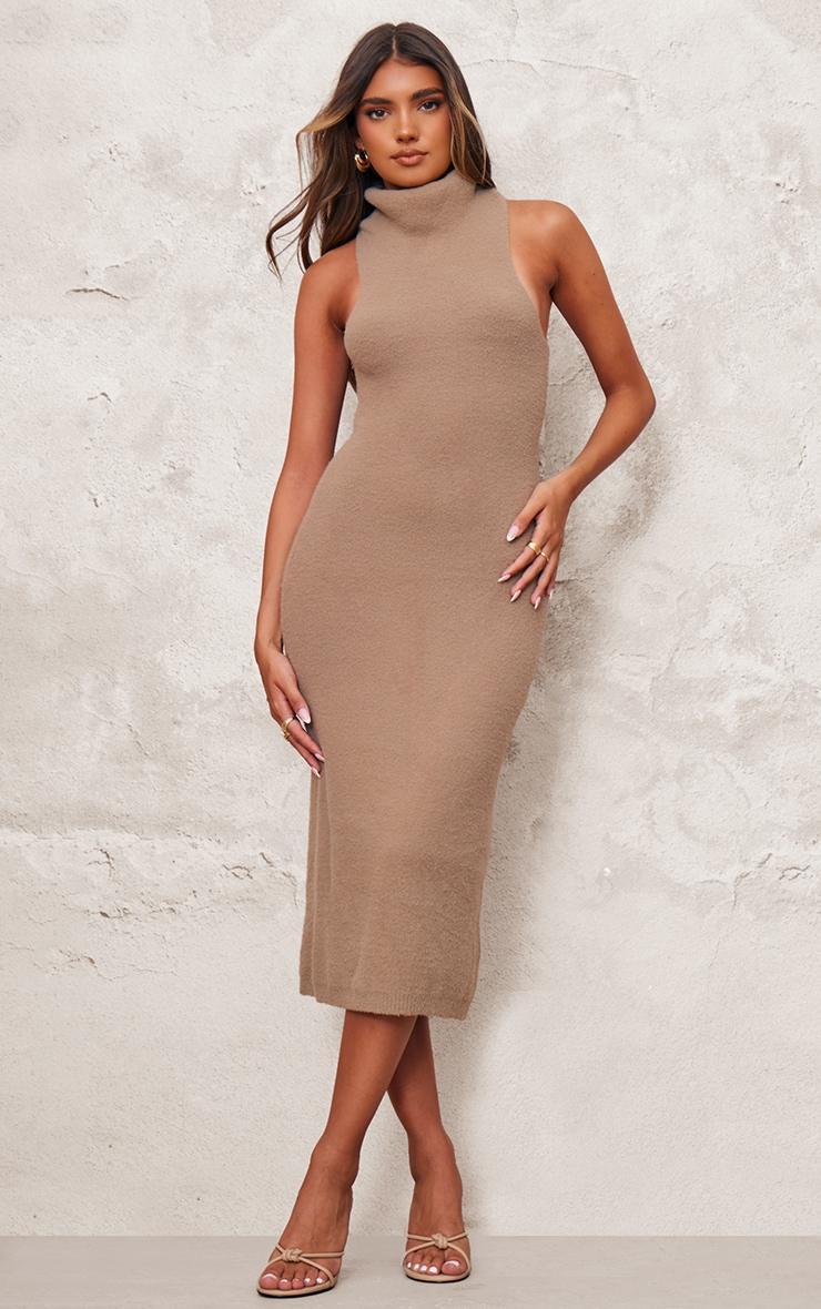 Taupe Funnel Neck Super Soft Knit Midi Dress product image