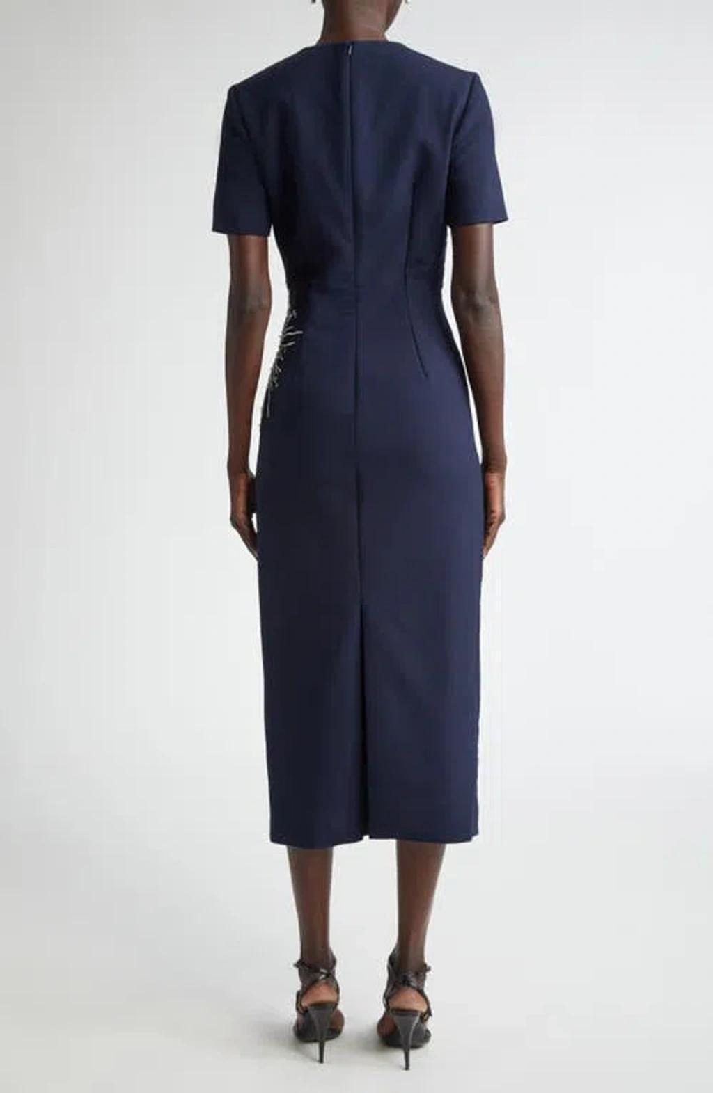 OSCAR DE LA RENTA Dandelion Crystal Embellished Virgin Wool Blend Dress In Navy Product Image