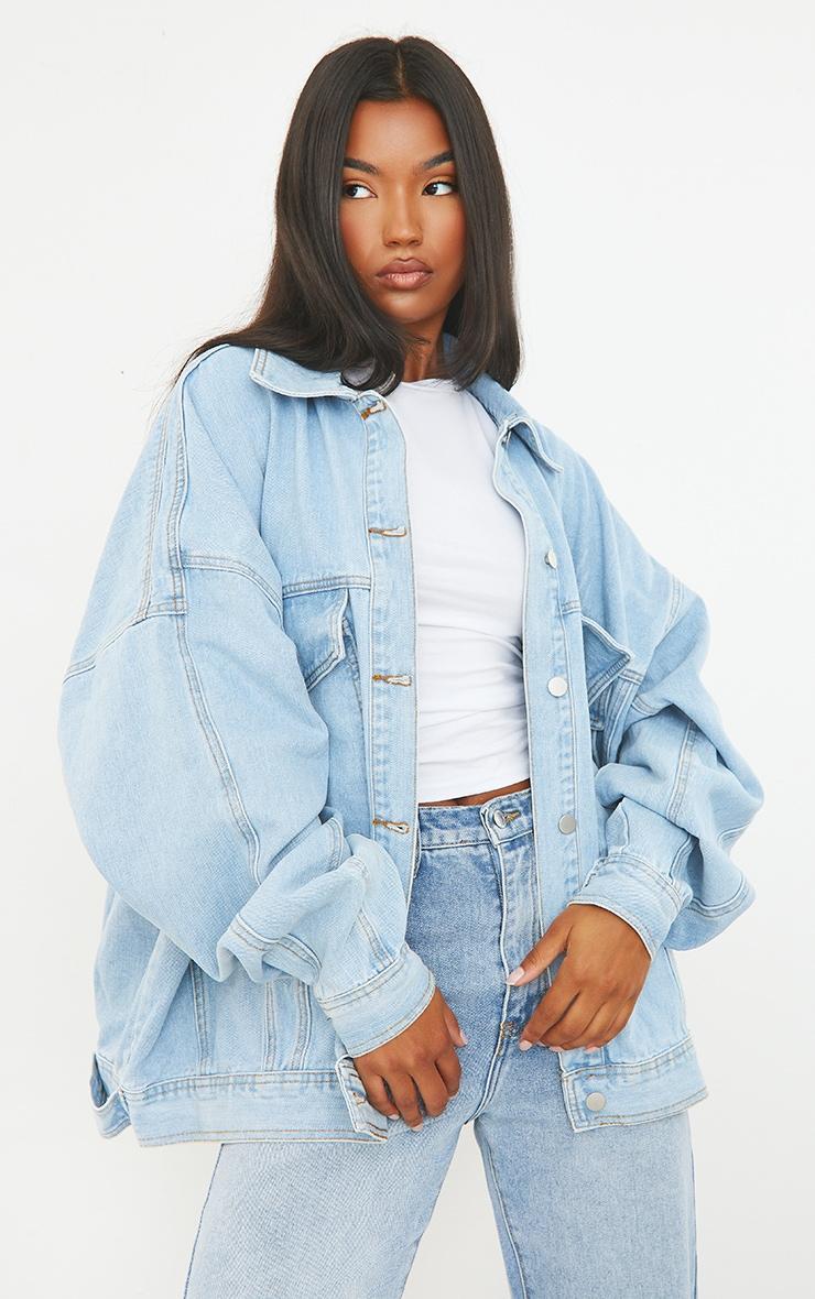 Light Blue Wash Oversized Drop Shoulder Denim Jacket Product Image