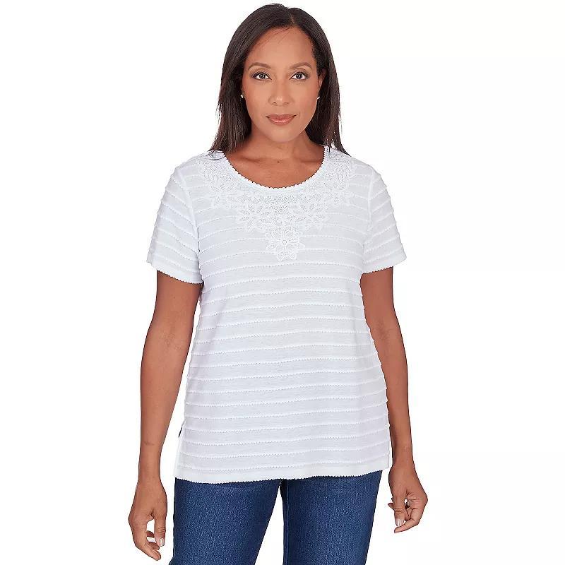 Womens Alfred Dunner Lace Neck Striped Split Hem Tee White Product Image