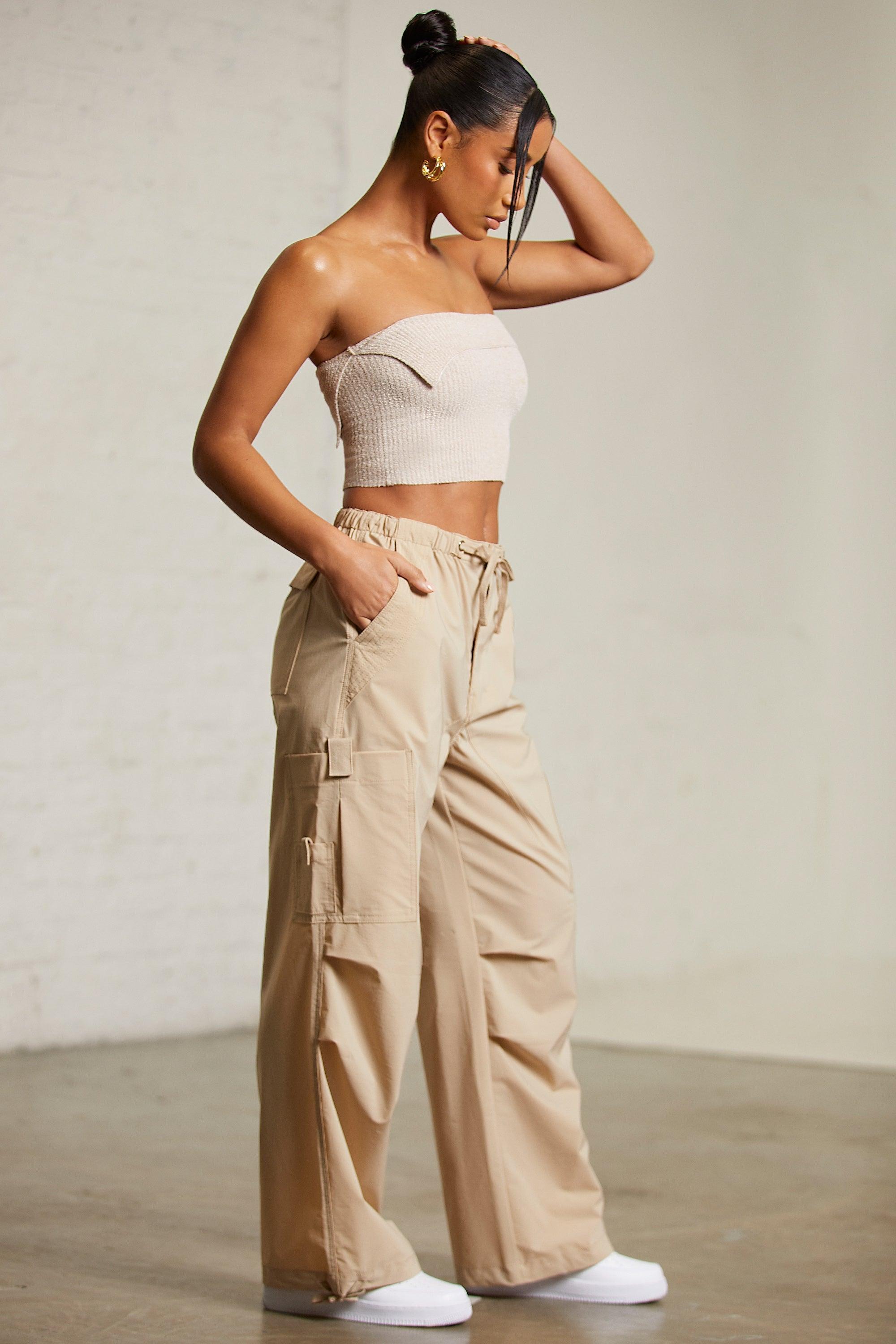 Wide Leg Cargo Trousers in Beige Product Image