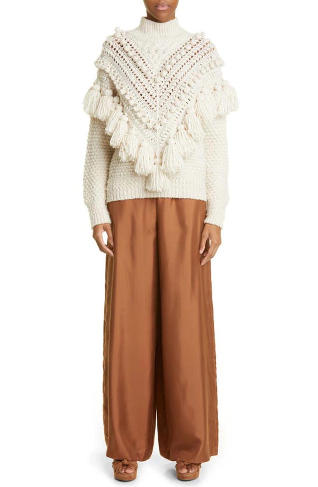 Crochet Tassel And Pom Pom Turtleneck Sweater In Beige Product Image