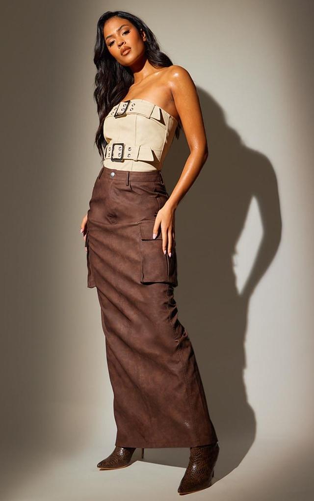 Tall Washed Brown Faux Leather Pocket Detail Maxi Skirt Product Image