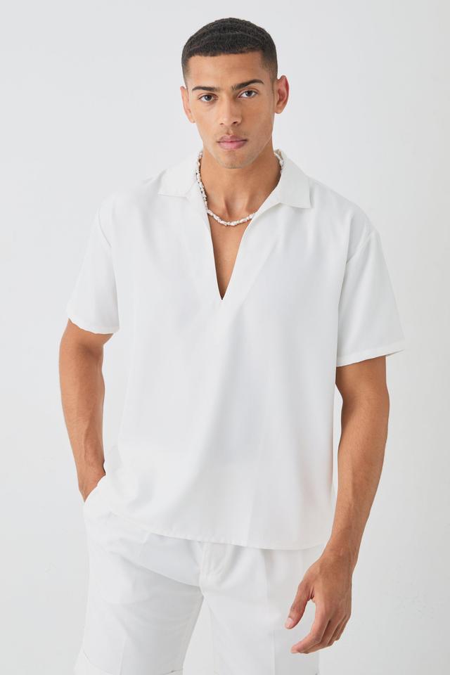 Oversized V Neck Dropped Shoulder Shirt In White | boohooMAN USA Product Image