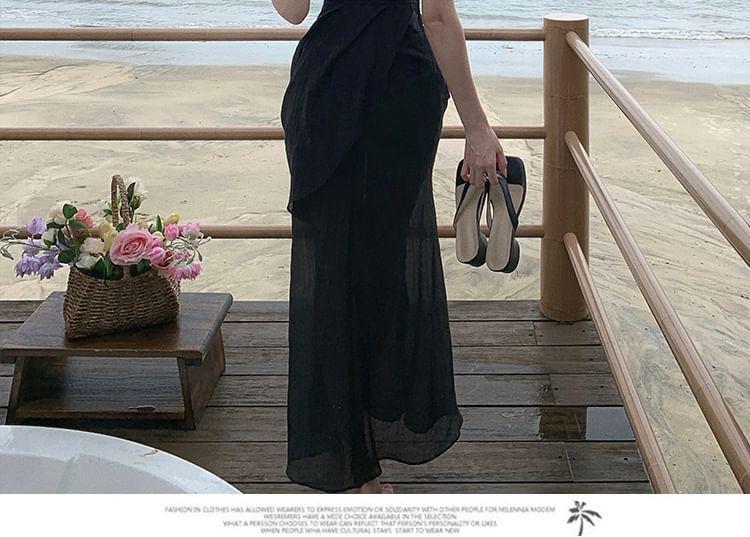 Spaghetti Strap Lace Paneled Slit Knotted Midi Sundress Product Image