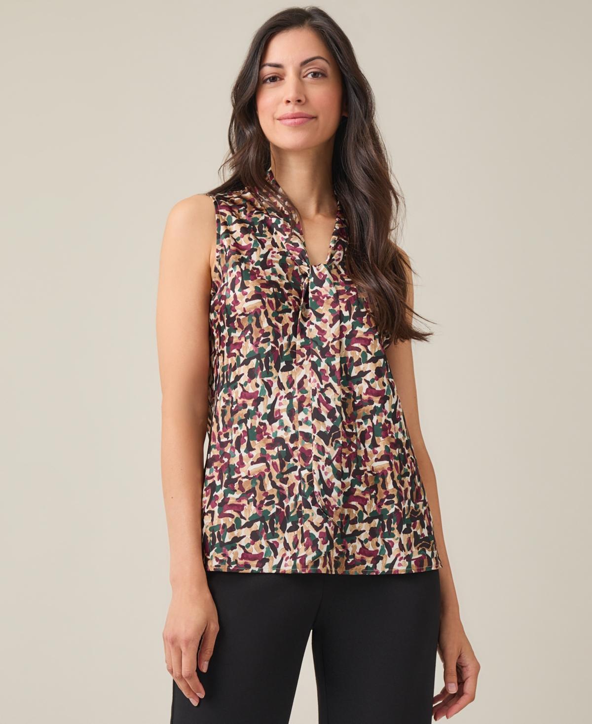 Kasper Womens Printed Tie-Collar Sleeveless Blouse Product Image