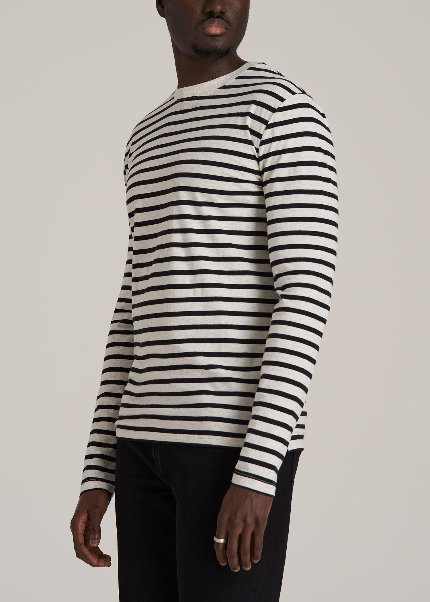 Long Sleeve Striped Tall Men's Tee in Beige Heather and Black Stripe Male Product Image