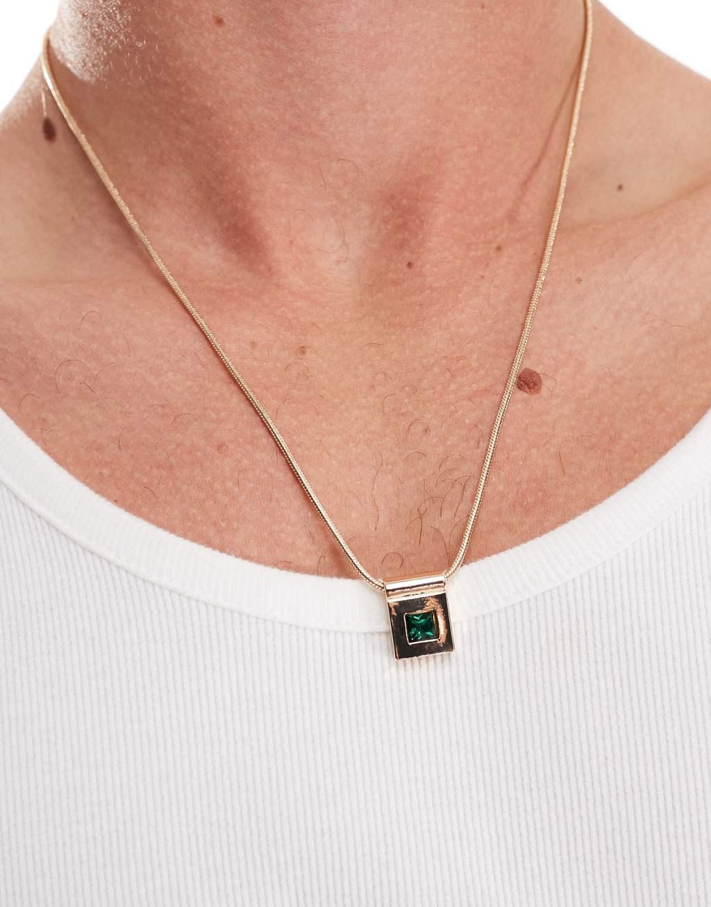 ASOS DESIGN necklace with square pendant with faux emerald crystal in gold tone Product Image