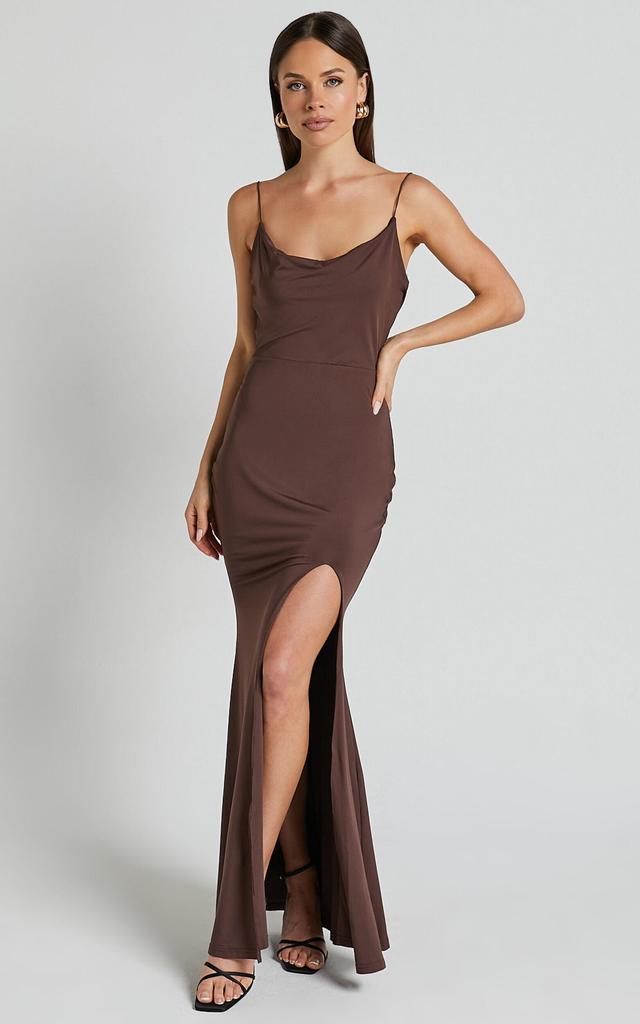 Tasteful Midi Dress - Cowl Neck Bodycon Thigh Split Dress in Dark Chocolate Product Image