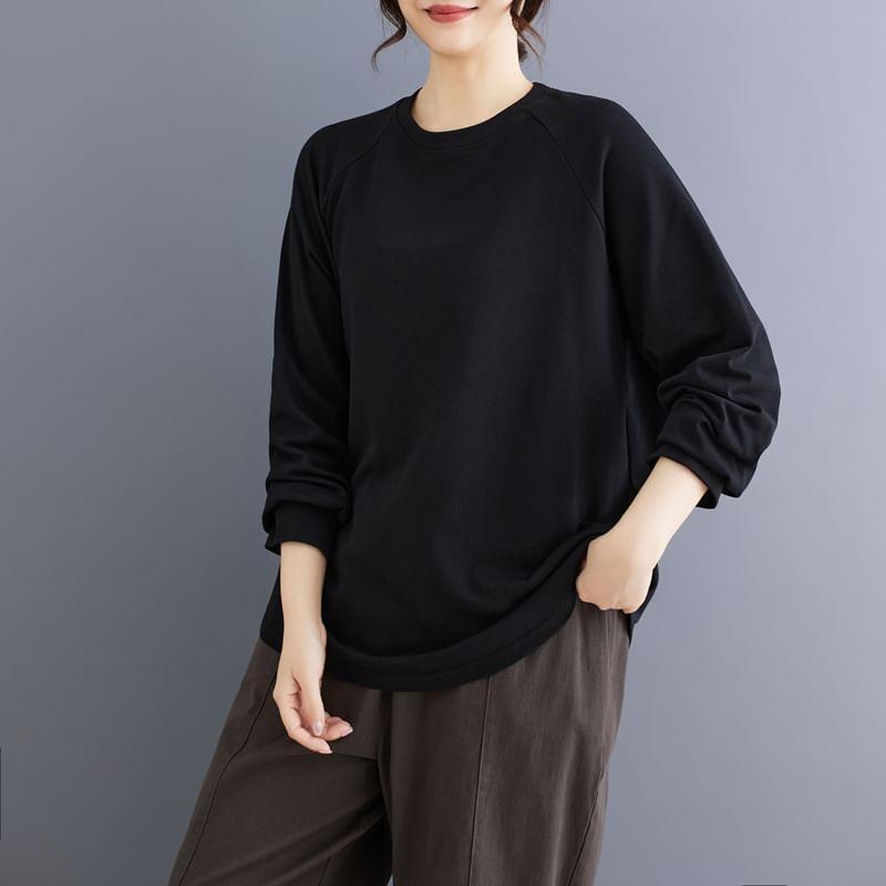 Long-Sleeve Round Neck Plain Raglan T-Shirt Product Image