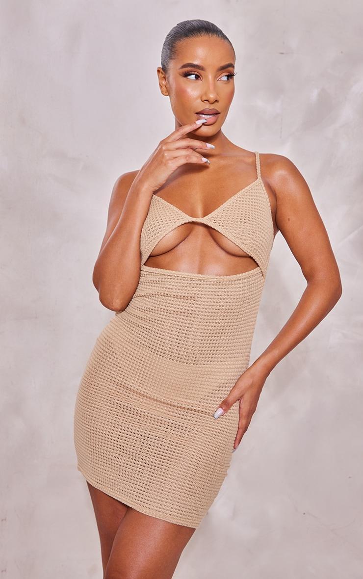 Soft Brown Knitted Texture Cut Out Strappy Bodycon Dress Product Image