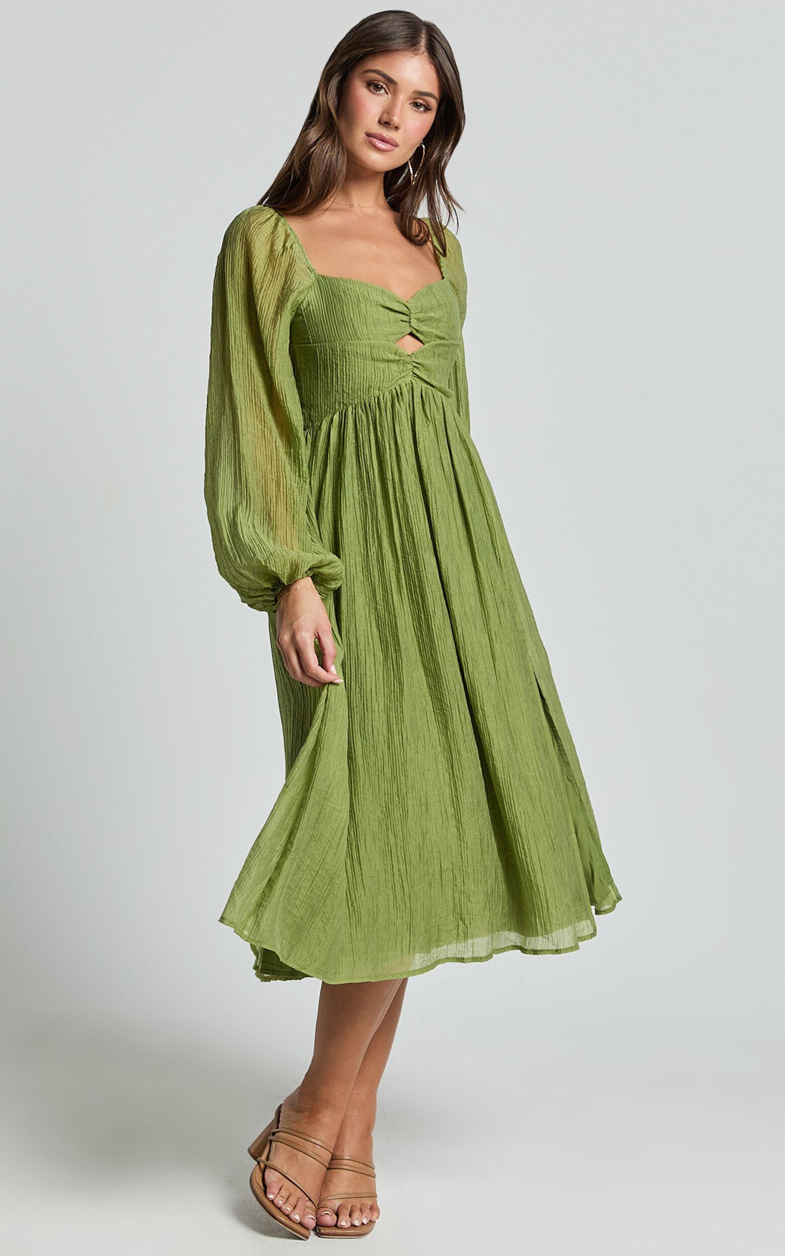 Zahara Midi Dress - Blouson Sleeve Cut Out Dress in Green Product Image